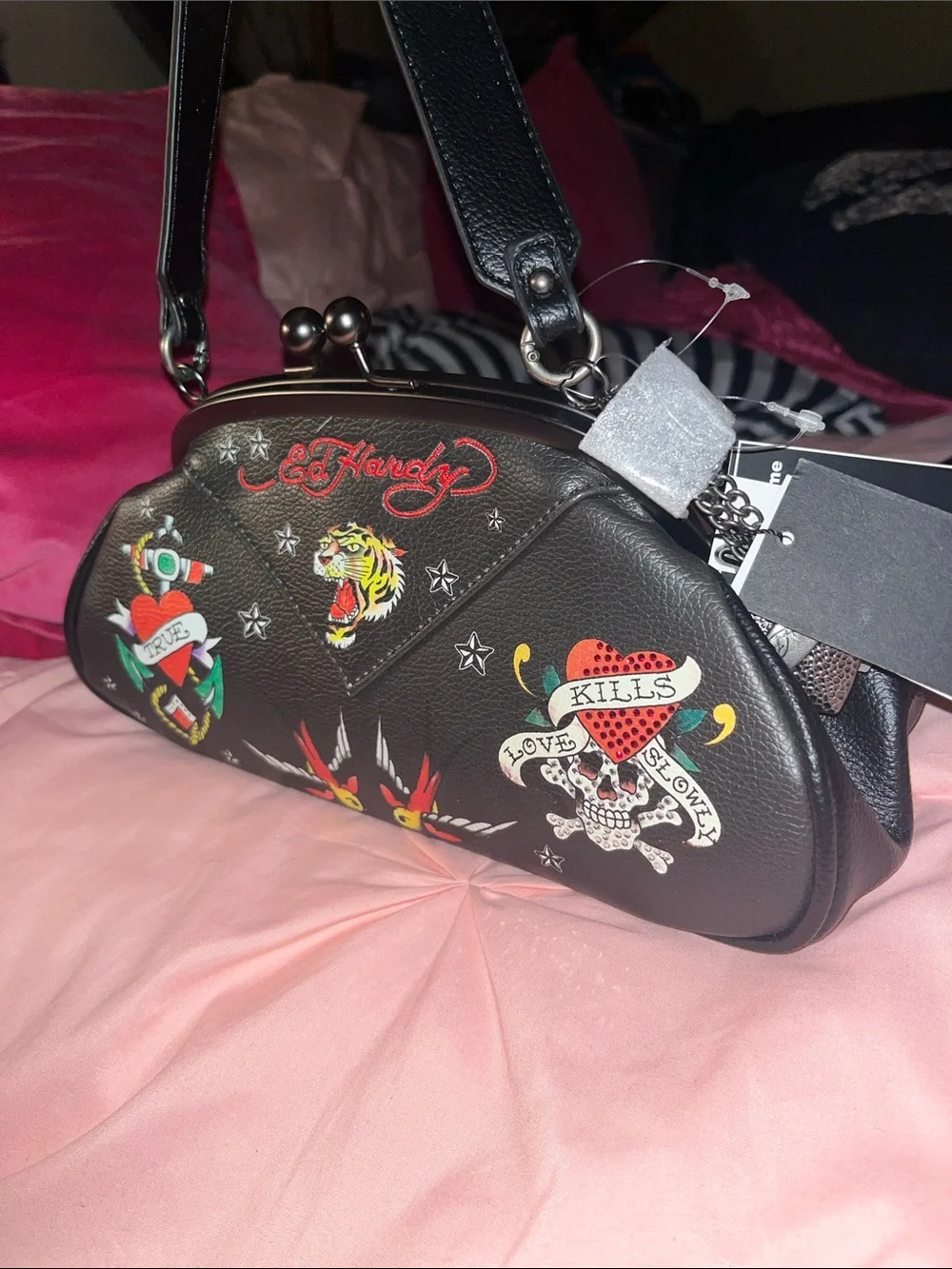 Ed Hardy Black Tattoo-Print Kiss-Lock Shoulder Bag